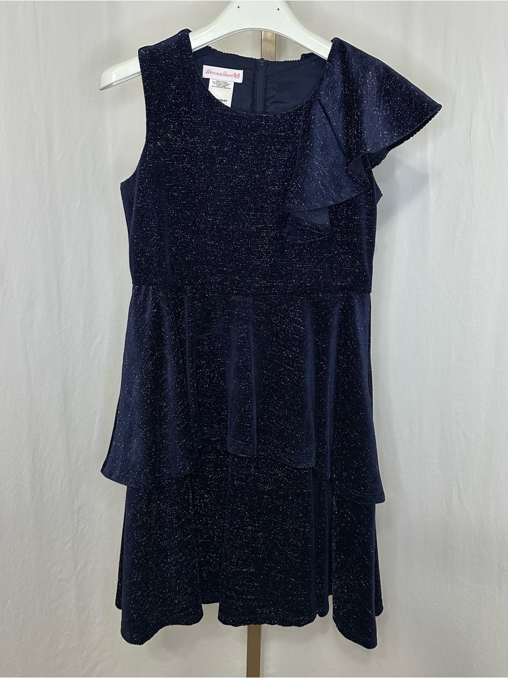 Girls Bonnie Jean Sparkle Navy One-Shoulder Ruffle Dress